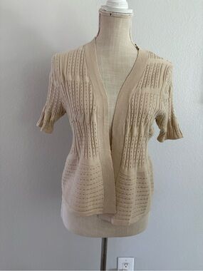 Open-Front Short-Sleeve Cardigan in Beige